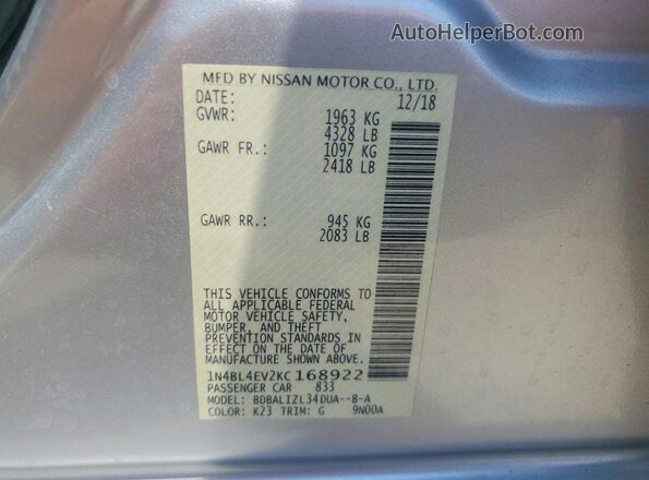 1N4BL4EV2KC168922 2019 NISSAN ALTIMA Silver Вид наклейки з VIN-кодом