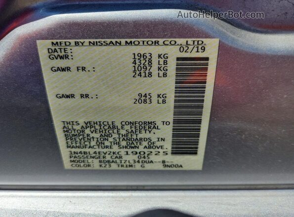 1N4BL4EV2KC190225 2019 NISSAN ALTIMA Silver Widok komory silnika