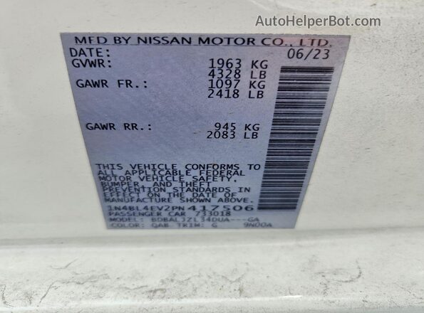 1N4BL4EV2PN417506 2023 NISSAN ALTIMA White Vista de la etiqueta del VIN