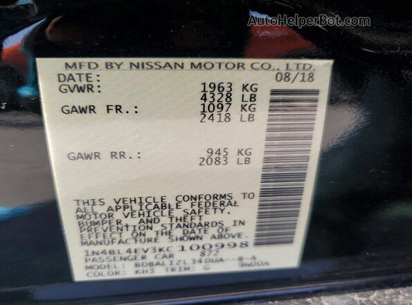 1N4BL4EV3KC100998 2019 NISSAN ALTIMA Black Շարժիչի բաժամունքի տեսք