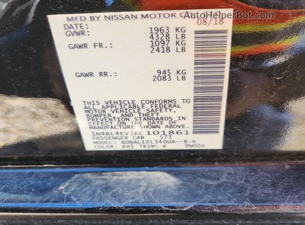 1N4BL4EV3KC101861 2019 NISSAN ALTIMA Black VIN կոդի պիտակի տեսք