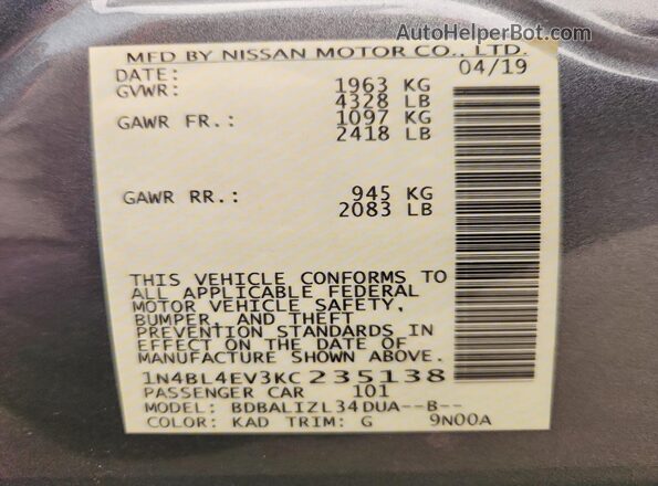 1N4BL4EV3KC235138 2019 NISSAN ALTIMA Gray VIN կոդի պիտակի տեսք