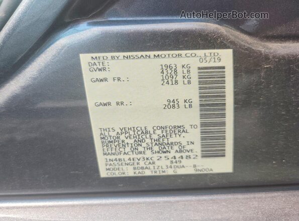 1N4BL4EV3KC254482 2019 NISSAN ALTIMA Угольный Вид подкапотного пространства