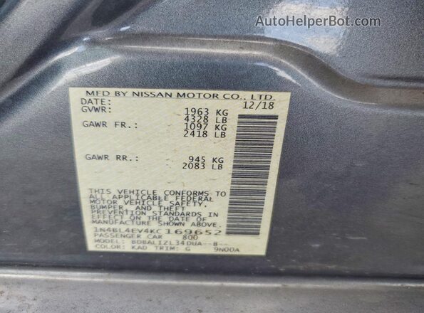 1N4BL4EV4KC169652 2019 NISSAN ALTIMA Gray Engine compartment view