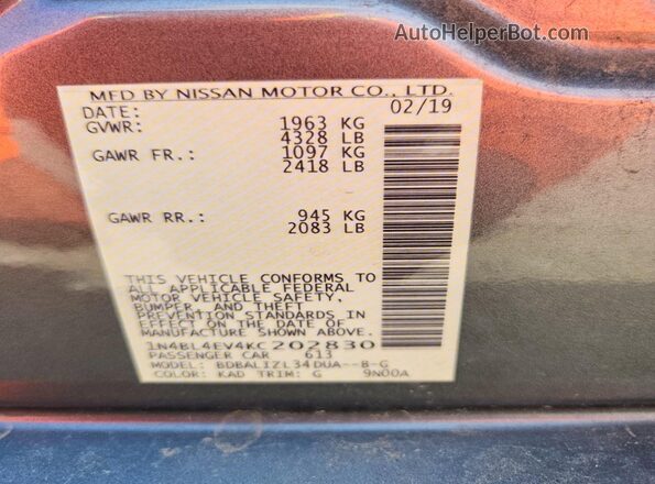 1N4BL4EV4KC202830 2019 NISSAN ALTIMA Silver VIN կոդի պիտակի տեսք