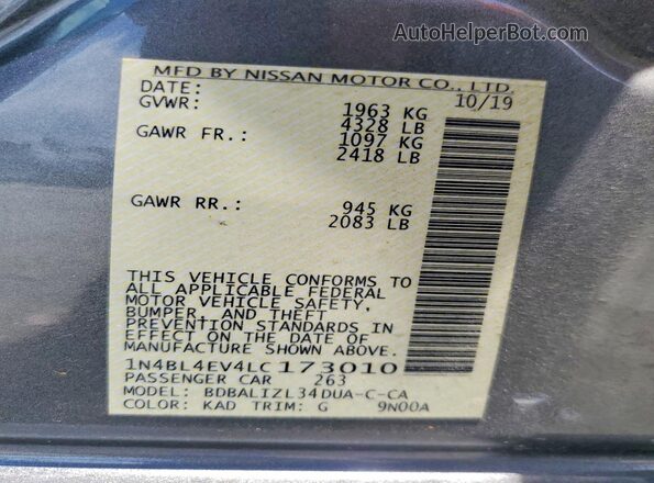 1N4BL4EV4LC173010 2020 NISSAN ALTIMA Gray VIN კოდის სტიკერის ხედი