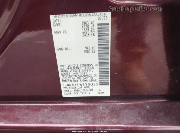 1N4BL4EV4PN355025 2023 NISSAN ALTIMA Бордовый Вид подкапотного пространства