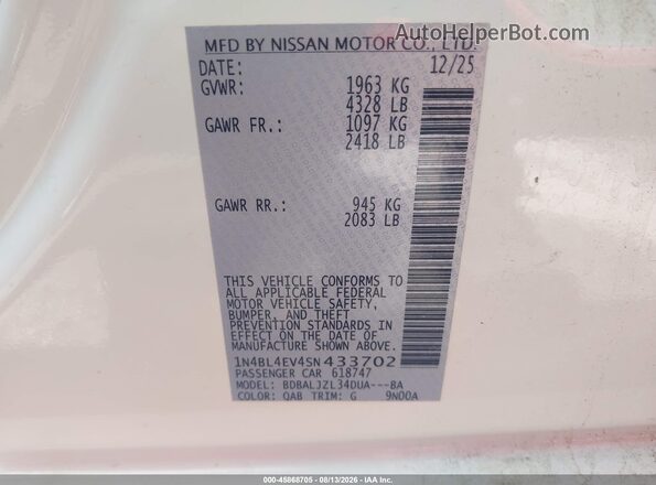 1N4BL4EV4SN433702 2025 NISSAN ALTIMA White Widok komory silnika