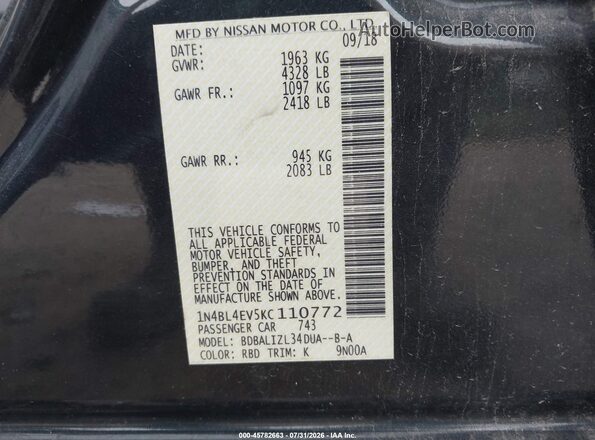 1N4BL4EV5KC110772 2019 NISSAN ALTIMA Черный Вид подкапотного пространства