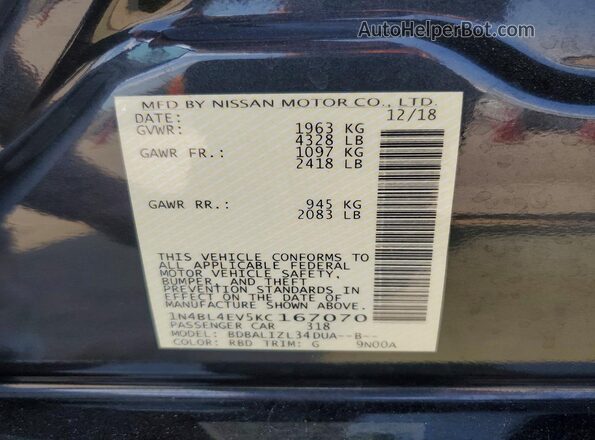 1N4BL4EV5KC167070 2019 NISSAN ALTIMA Угольный Вид подкапотного пространства