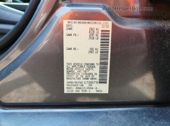 1N4BL4EV5KC170079 2019 NISSAN ALTIMA Gray Vista de la etiqueta del VIN