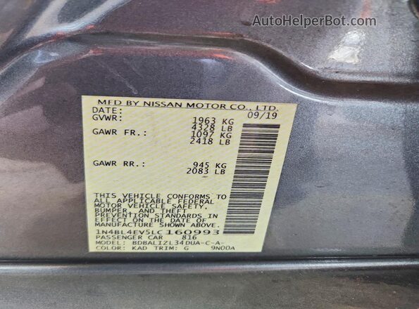 1N4BL4EV5LC160993 2020 NISSAN ALTIMA Серый Вид наклейки с VIN-кодом