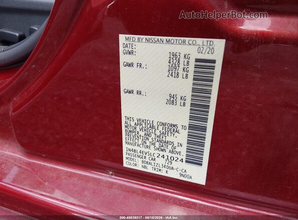 1N4BL4EV5LC241024 2020 NISSAN ALTIMA Red Engine compartment view