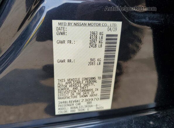 1N4BL4EV6KC230970 2019 NISSAN ALTIMA Black VIN კოდის სტიკერის ხედი