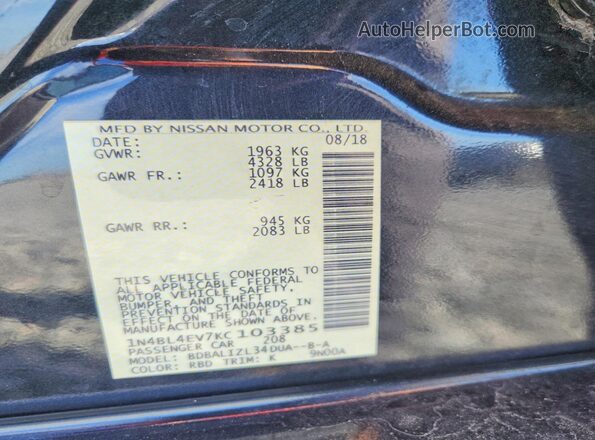 1N4BL4EV7KC103385 2019 NISSAN ALTIMA Черный Вид подкапотного пространства