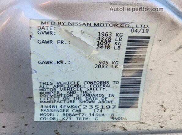 1N4BL4EV8KC235197 2019 NISSAN ALTIMA Silver VIN կոդի պիտակի տեսք