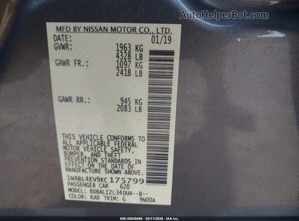 1N4BL4EV9KC175799 2019 NISSAN ALTIMA Gray Widok komory silnika