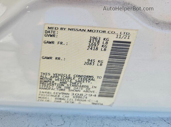 1N4BL4EV9NN308294 2022 NISSAN ALTIMA White Вид підкапотного простору