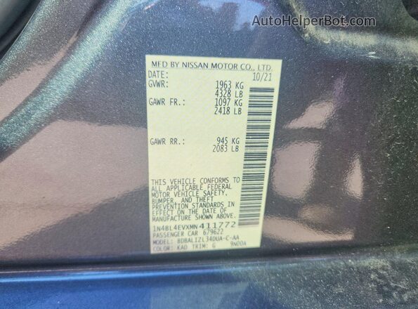 1N4BL4EVXMN411772 2021 NISSAN ALTIMA Gray Շարժիչի բաժամունքի տեսք