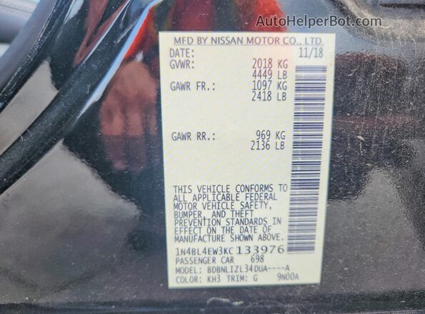 1N4BL4EW3KC133976 2019 NISSAN ALTIMA Black Widok naklejki z numerem VIN