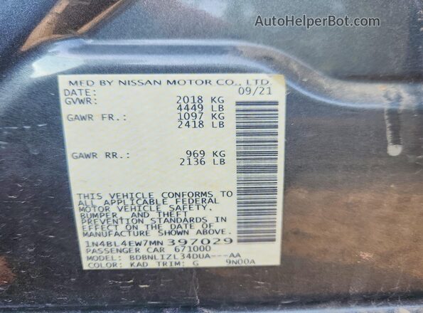 1N4BL4EW7MN397029 2021 NISSAN ALTIMA Gray Вид підкапотного простору