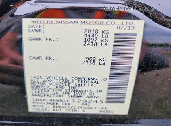 1N4BL4EW8LC129245 2020 NISSAN ALTIMA Черный Вид наклейки с VIN-кодом