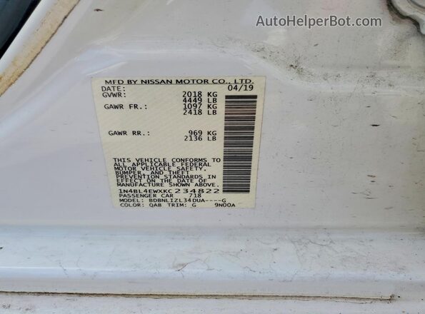 1N4BL4EWXKC234822 2019 NISSAN ALTIMA White Вид наклейки з VIN-кодом