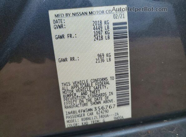 1N4BL4FW5MN356767 2021 NISSAN ALTIMA Gray Vista del compartimento del motor