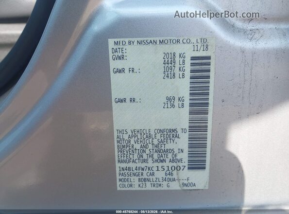 1N4BL4FW7KC151007 2019 NISSAN ALTIMA Silver Engine compartment view