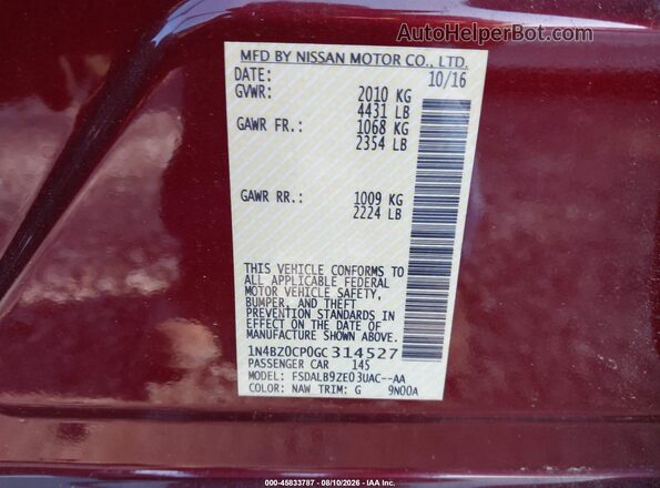1N4BZ0CP0GC314527 2016 NISSAN LEAF Red ძრავის განყოფილების ხედი