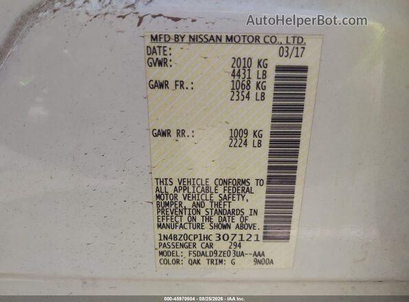 1N4BZ0CP1HC307121 2017 NISSAN LEAF White Vista de la etiqueta del VIN