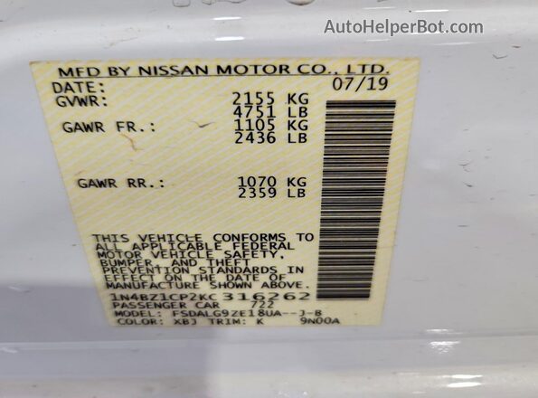 1N4BZ1CP2KC316262 2019 NISSAN LEAF White VIN կոդի պիտակի տեսք