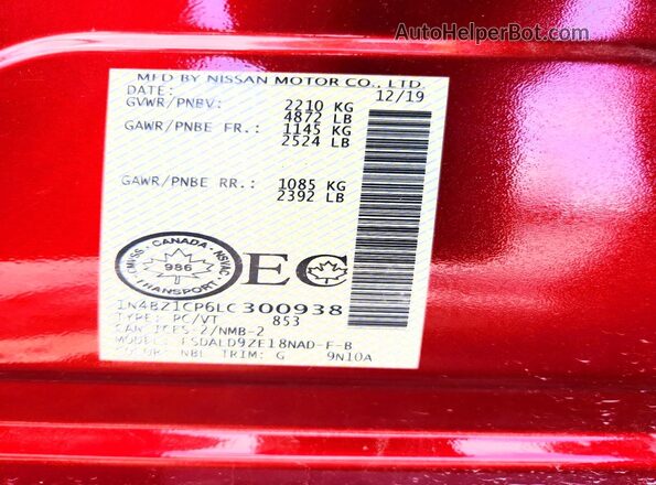 1N4BZ1CP6LC300938 2020 NISSAN LEAF Red VIN კოდის სტიკერის ხედი