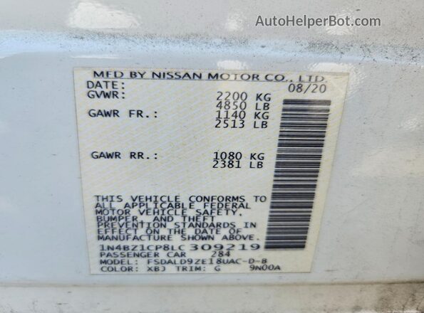 1N4BZ1CP8LC309219 2020 NISSAN LEAF White Widok naklejki z numerem VIN