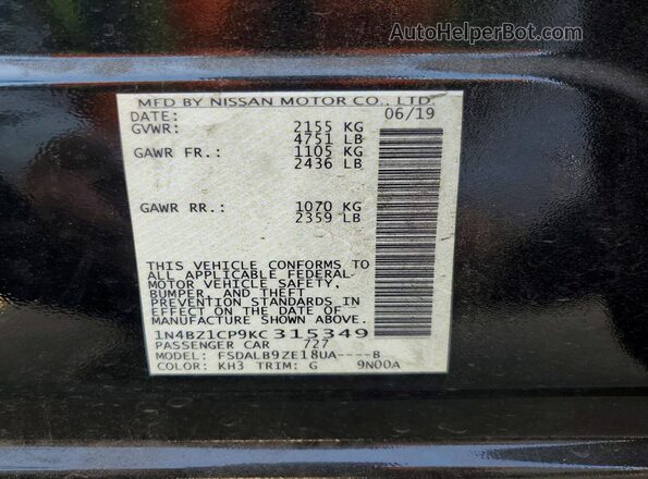 1N4BZ1CP9KC315349 2019 NISSAN LEAF Black Widok naklejki z numerem VIN