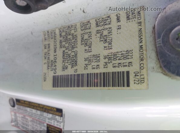 1N6AA1CE0NN106499 2022 NISSAN TITAN Белый Вид наклейки с VIN-кодом