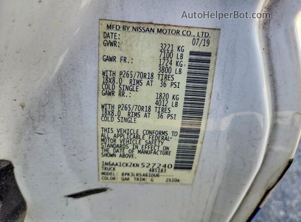 1N6AA1CK2KN527240 2019 NISSAN TITAN White Շարժիչի բաժամունքի տեսք