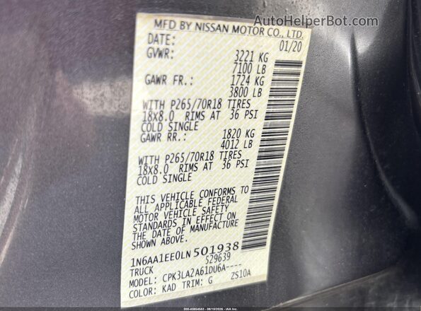 1N6AA1EE0LN501938 2020 NISSAN TITAN Gray Շարժիչի բաժամունքի տեսք