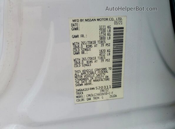 1N6AA1EF4MN520311 2021 NISSAN TITAN White Vista de la etiqueta del VIN