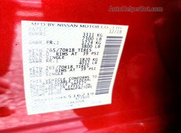 1N6AA1EJ0KN516239 2019 NISSAN TITAN Red Vista del compartimento del motor