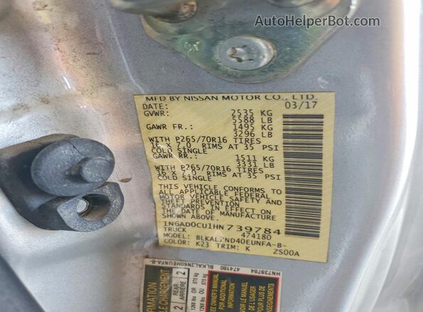 1N6AD0CU1HN739784 2017 NISSAN FRONTIER Silver Շարժիչի բաժամունքի տեսք