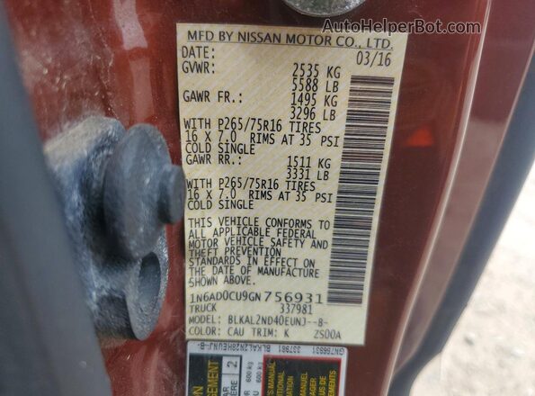 1N6AD0CU9GN756931 2016 NISSAN FRONTIER Brown Вид наклейки з VIN-кодом