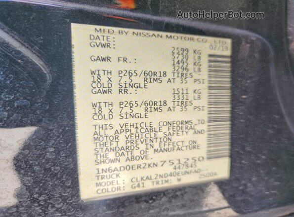 1N6AD0ER2KN751250 2019 NISSAN FRONTIER Черный Вид подкапотного пространства