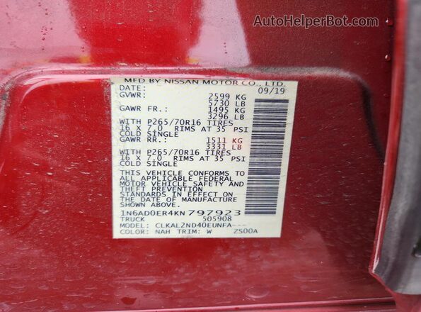 1N6AD0ER4KN797923 2019 NISSAN FRONTIER Burgundy Շարժիչի բաժամունքի տեսք