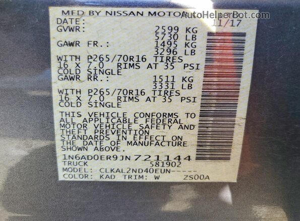 1N6AD0ER9JN721144 2018 NISSAN FRONTIER Gray Widok naklejki z numerem VIN