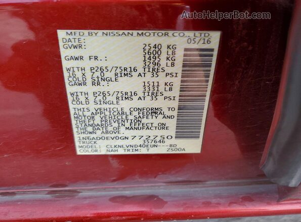 1N6AD0EV0GN772750 2016 NISSAN FRONTIER Red Vista del compartimento del motor