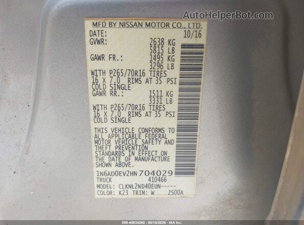 1N6AD0EV2HN704029 2017 NISSAN FRONTIER Silver Vista del compartimento del motor