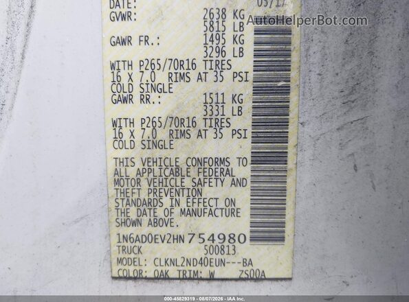 1N6AD0EV2HN754980 2017 NISSAN FRONTIER White Вид підкапотного простору