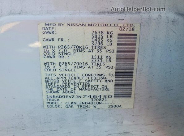 1N6AD0EV2JN746450 2018 NISSAN FRONTIER White Вид підкапотного простору
