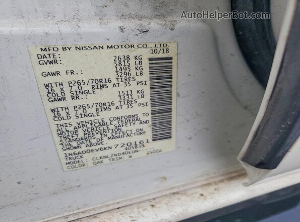 1N6AD0EV6KN720161 2019 NISSAN FRONTIER White VIN კოდის სტიკერის ხედი